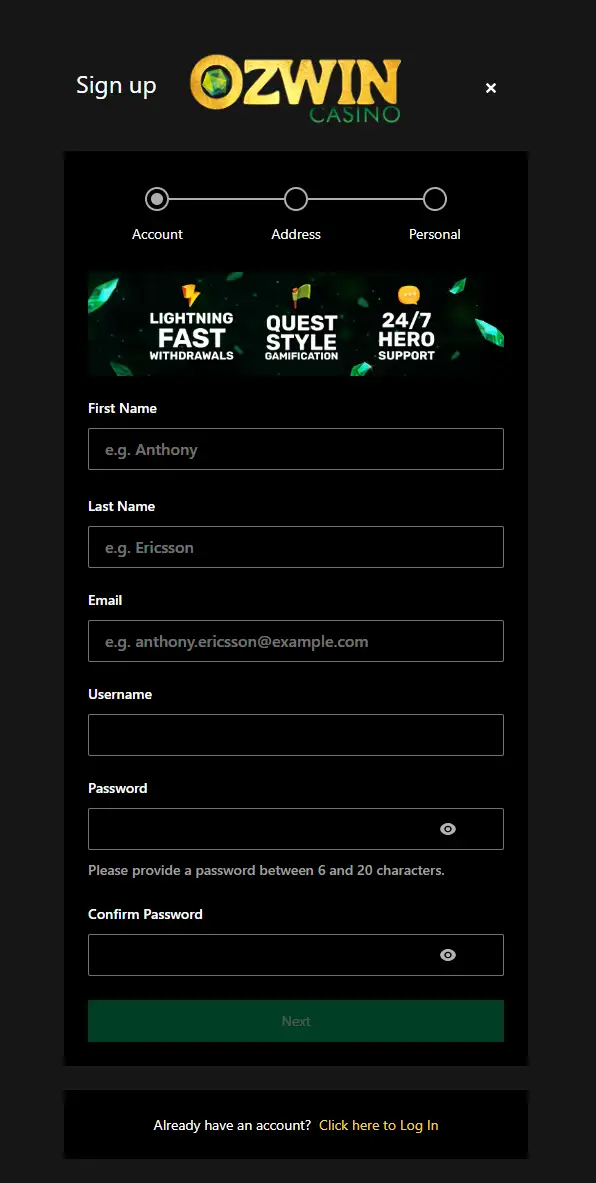 Current Ozwin Casino registration screen showing the live account opening interface