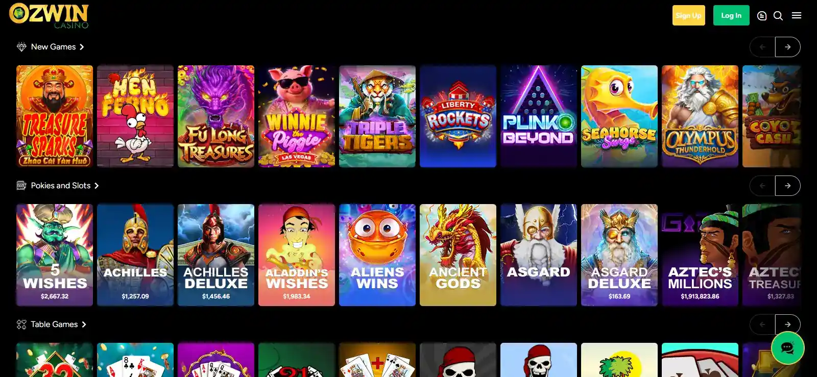 Current Ozwin Casino game lobby or homepage game grid