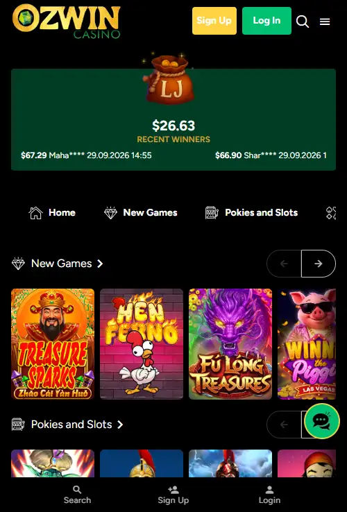 Current Ozwin Casino homepage displayed in a mobile browser