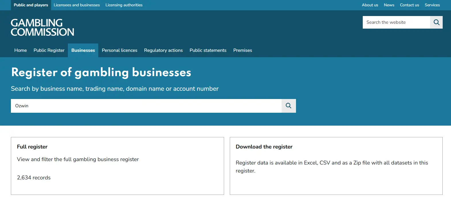 UK Gambling Commission public business register used to check Ozwin licence information