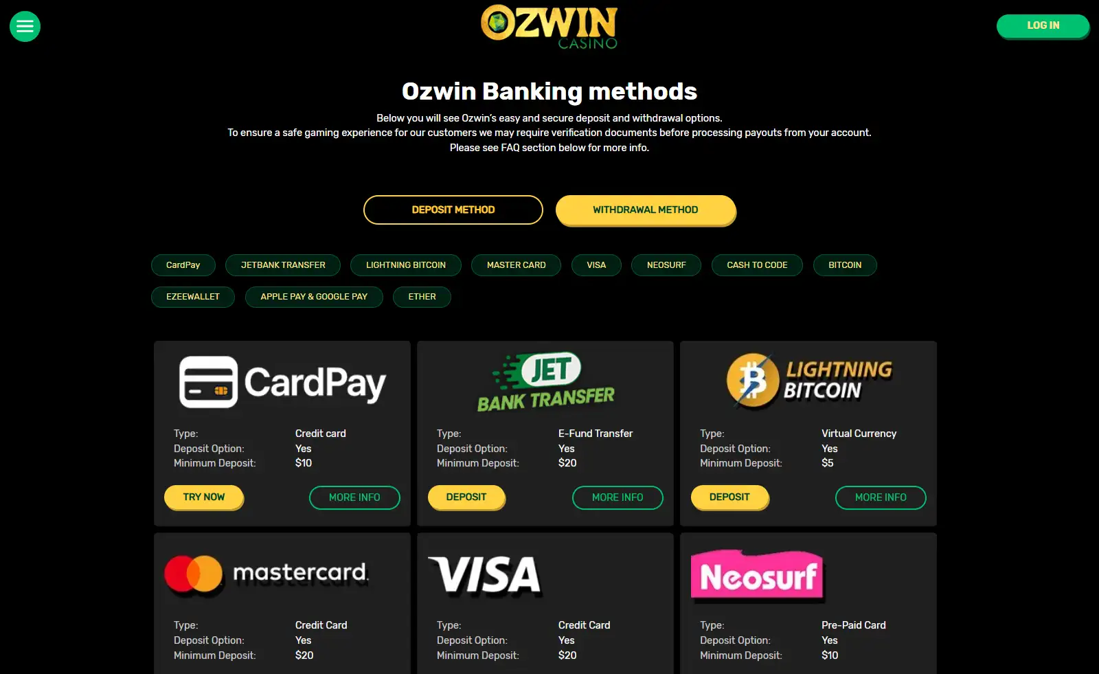 Current Ozwin Casino banking page showing deposit and withdrawal method categories