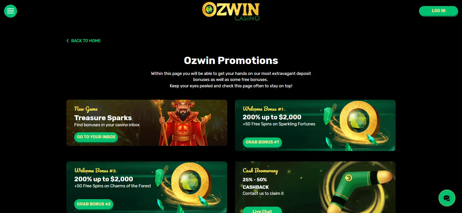 Current Ozwin Casino promotions page showing welcome bonus tiles