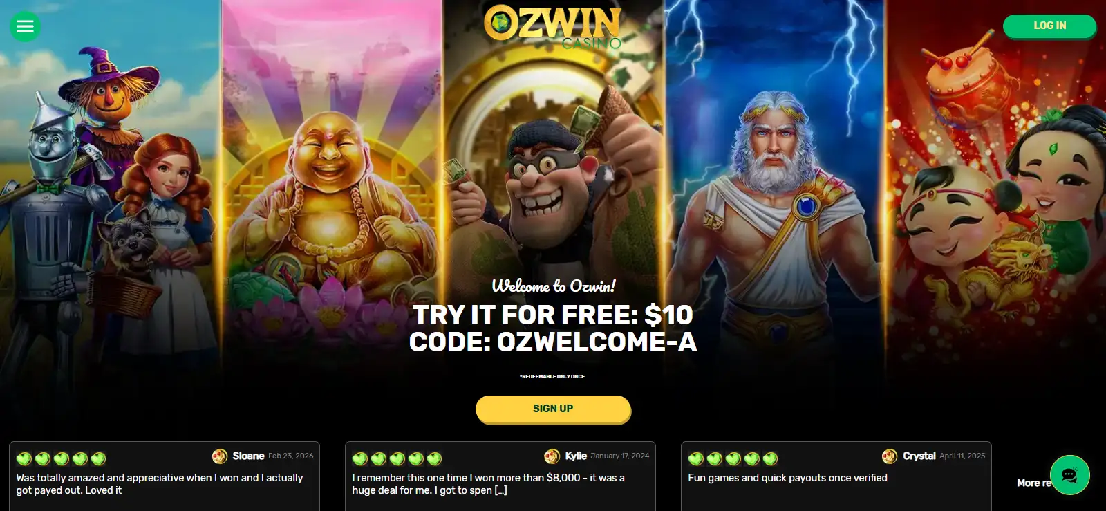 Current Ozwin Casino homepage showing the brand and headline welcome offer